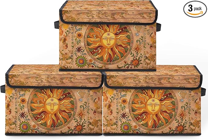 Stackable Clothes Storage Bins with Lids,Closet Organizers Fabric Box for Home and Office,Blanket Clothes Organizers,Under Bed Storage Containers 3 Pack(Sun).