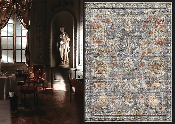 RUGSURE Washable Area Rugs - Perfect for Living Room, Bedroom, Kids Room, Nursery - Stain & Water Resistant Non-Slip, Pet & Child Friendly, Vintage Tribal Area Rugs (Turmeric and Grey, 9' x 12')