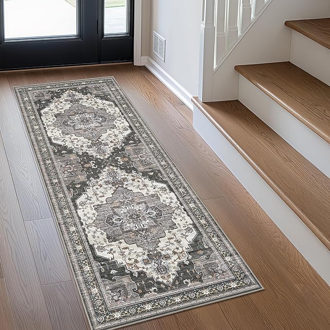 GENIMO 2X6 Hallway Runner Rug, Machine Washable Non Slip Vintage Floral Patchwork Runners, Thin Low Pile Chenille Carpet Runners for Entryway, Kitchen, Bathroom, Bedroom, Slate Gray