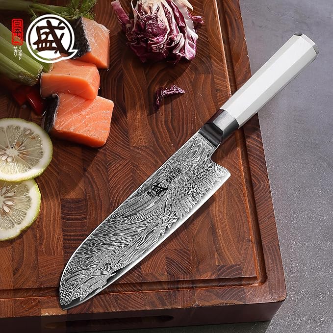 MITSUMOTO SAKARI Japanese Santoku Chef Knife, 8 Inch Kitchen Knife - Razor Sharp VG-Pro Steel Core, Precision Cutting for Meat & Veggies, Comfort Grip Ergonomic G10 Handle