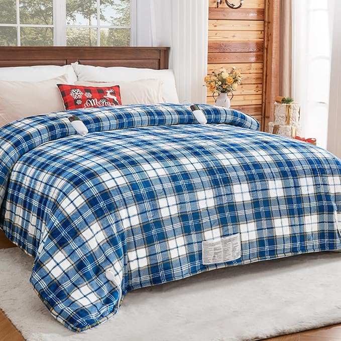 Heated Electric Blanket Queen Size, 84X90 Heating Blanket Queen with Dual Control&10 Heats Levels&Timer for Bed,Blue Plaid Sherpa Soft Blankets Warmer Gift for Grandma Women Adults, Washable,ETL