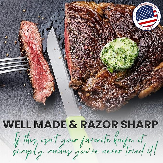 Alfi All-Purpose Knives Aerospace Precision Pointed Tip - Home And Kitchen Supplies - Serrated Steak Knives Set | Made in USA (Kiwi Green)