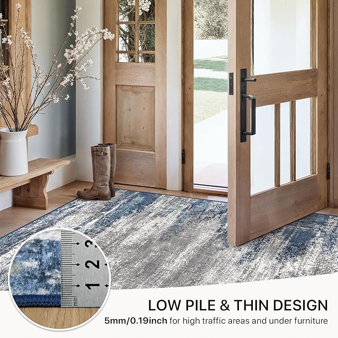 GENIMO 8x10 Area Rugs, Machine Washable Rugs for Living Room, Non Slip Indoor Modern Rug,Low Pile Lightweight Blue Print Carpet for Bedroom Dining Room Home Office, Blue Ivory