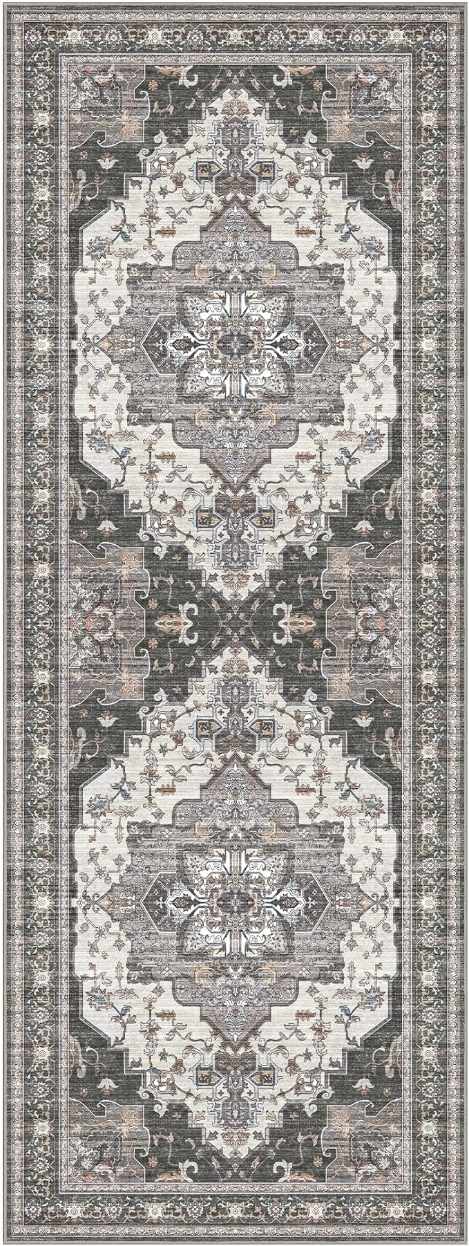 GENIMO 3X8 Hallway Runner Rug, Machine Washable Non Slip Vintage Floral Patchwork Runners, Thin Low Pile Chenille Carpet Runners for Entryway, Kitchen, Bathroom, Bedroom, Slate Gray