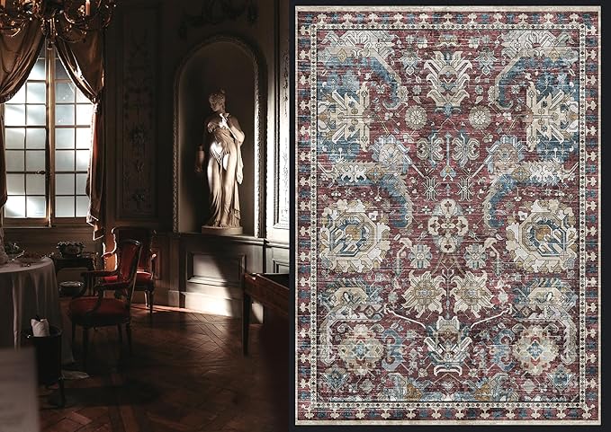 RUGSURE Washable Area Rugs - Perfect for Living Room, Bedroom, Kids Room, Nursery - Stain & Water Resistant Non-Slip, Pet & Child Friendly, Vintage Tribal Area Rugs (Rust and Blue, 8' x 10')