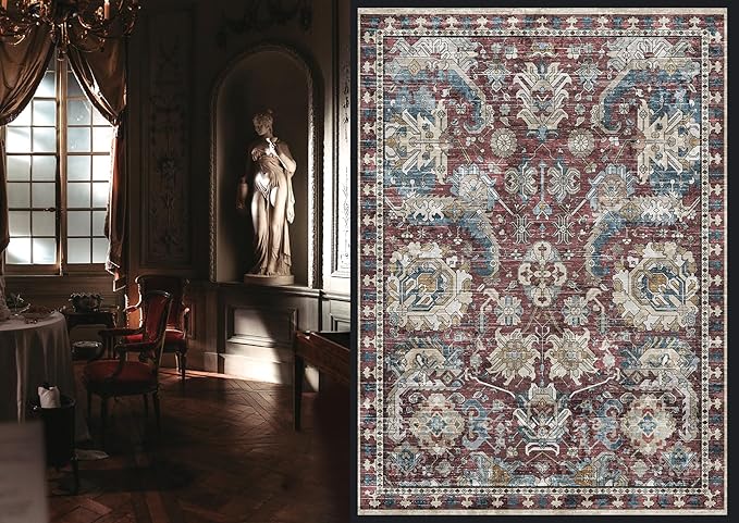 RUGSURE Washable Area Rugs - Perfect for Living Room, Bedroom, Kids Room, Nursery - Stain & Water Resistant Non-Slip, Pet & Child Friendly, Vintage Tribal Area Rugs (Burgundy and Blue, 3' x 5 ')