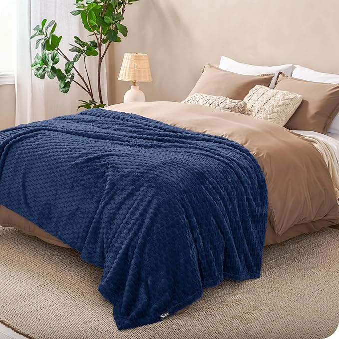 Bare Home Textured Fleece Blanket - Full/Queen - Ultra-Soft Lightweight for Bed, Sofa, and Couch - Luxury Microplush - Cozy Warm Blanket (Full/Queen, Waffle Dark Blue)