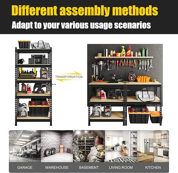 PrimeZone Storage Shelves, 27.5" W X 12" D X 59" H Adjustable Metal Heavy Duty Garage Shelving Unit, 5 Tier Industrial Standing Utility Rack Organizer for Warehouse, Pantry, Kitchen, Basement, Black