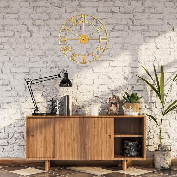 Large Wall Clock, Metal Retro Roman Numeral Clock, Modern Round Wall Clocks Almost Silent, Easy to Read for Living Room/Home/Kitchen/Bedroom/Office/School Decor (Gold, 16 Inch)