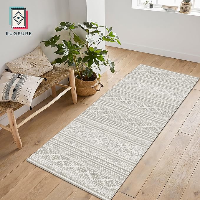 RUGSURE Washable Area Rugs 2'6'' x 8' - 1/6 Thick - Moroccan-Inspired -Stain & Water Resistant Non-Slip - Resistant Rug for Living Room, Bedroom, Nursery, Pet & Child Friendly (Grey)