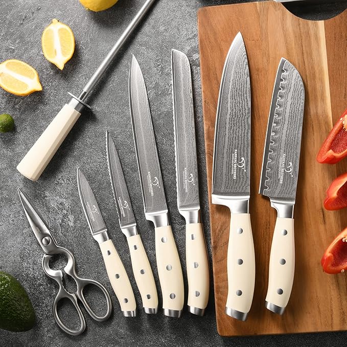 NANFANG BROTHERS Knife Set, 9 Pieces Damascus Kitchen Knife Set with Block, ABS Ergonomic Handle for Chef Knife Set, Knife Sharpener and Kitchen Shears, Knives for Chopping, Slicing & Cutting