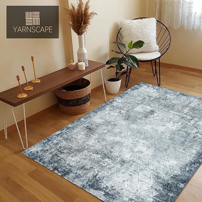 9' x 12' Washable Area Rug - Low Pile Soft Vintage Indoor Rug for Living, Dining or Bedroom - Lightweight Carpet with Non-Slip Backing - Foldable for Easy Placement, Blue