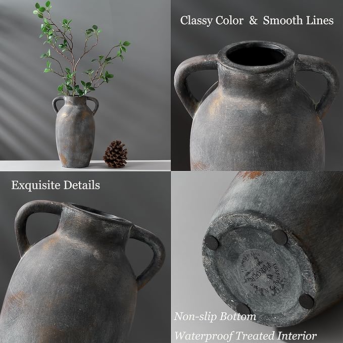 9.84 Inch Terracotta Vase with Handles, Ceramic Rustic Vase for Home Decor, Vintage Antique Farmhouse Decor for Living Room, Table, Thanksgiving - Black Bronze
