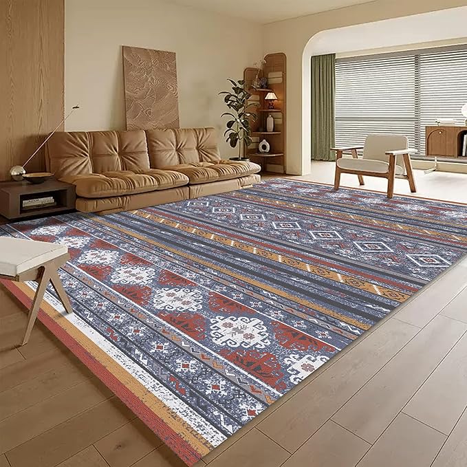 RUGSURE Washable Area Rugs 8' x 10' - 1/6 Thick - Moroccan-Inspired -Stain & Water Resistant Non-Slip - Resistant Rug for Living Room, Bedroom, Nursery, Pet & Child Friendly (Blue and Red)