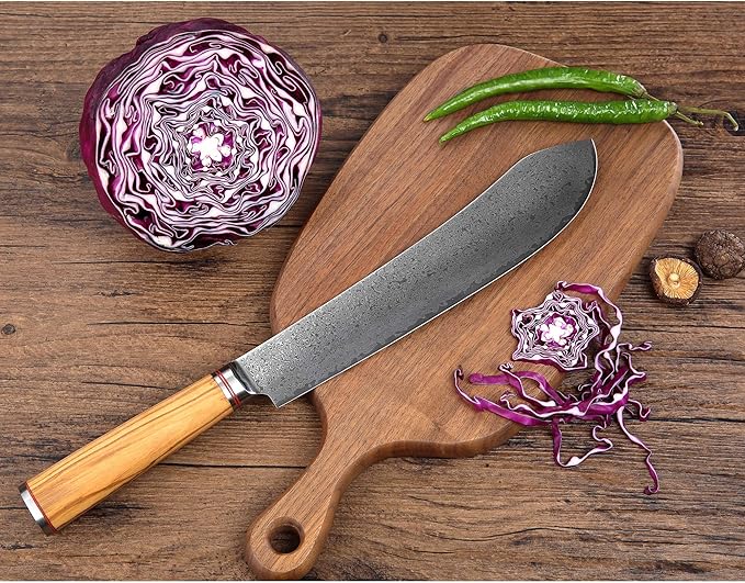 YOUSUNLONG Breaking Knife Bull Nose Pro Butcher Knife 10 Inch Japanese Damascus Steel Italian Olive Wood Handle with Leather Sheath