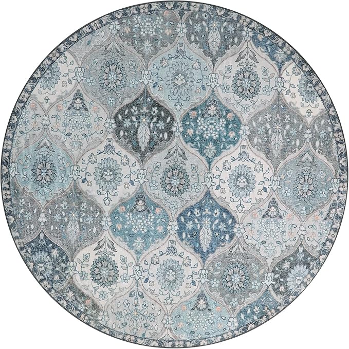Lahome Moroccan Trellis Round Rug, 5ft, Blue, Faux Wool, Machine Wash, Non-Slip Backing, Low Pile, Floral Pattern, Area Rug for Bedroom, Living Room, Bathroom