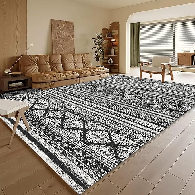 RUGSURE Washable Area Rugs 9' x 12' - 1/6 Thick - Moroccan-Inspired -Stain & Water Resistant Non-Slip - Resistant Rug for Living Room, Bedroom, Nursery, Pet & Child Friendly (Black)