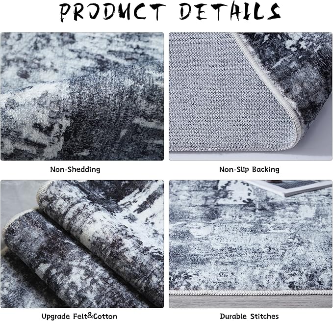 Rugcomf 6x9 Rug Washable Bedroom Rug Large Soft Area Rug Abstract Pattern Non-Slip Faux Wool Vintage Rug for Living Room, Farmhouse, Dining Room, Kids Playroom, Grey and Black