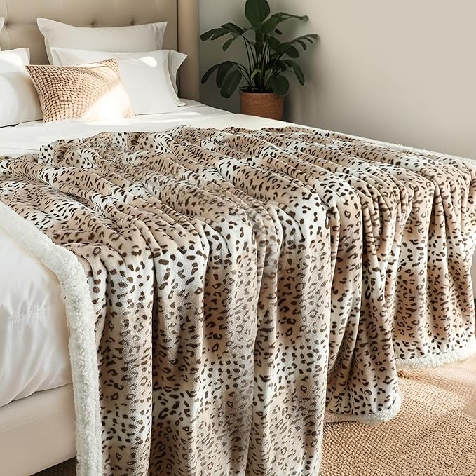 Electric Heated Blanket Twin Size 62"x84" - Microplush & Sherpa Fabric Dual-Sided, 6 Heat Settings & 10 Hours Auto Off, Cozy Warming Throw for Office or Bed, Machine Washable, Beige Leopard Print