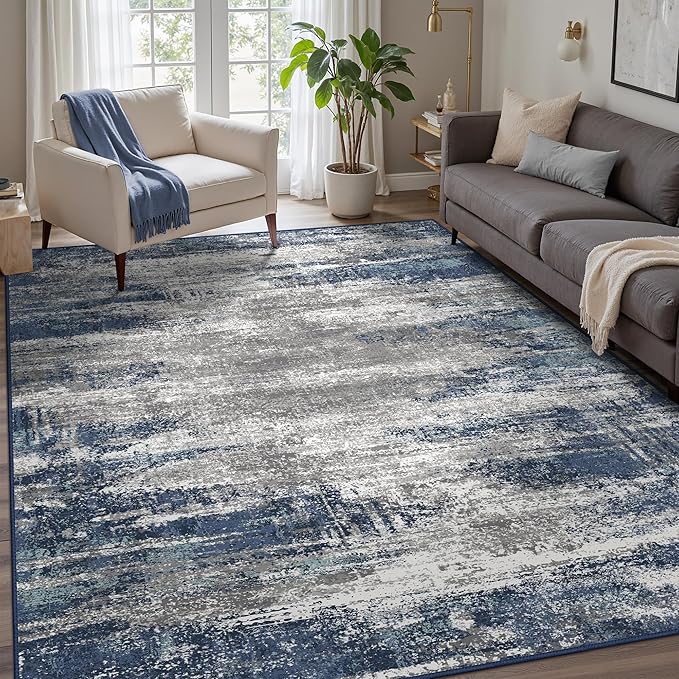 GENIMO 8x10 Area Rugs, Machine Washable Rugs for Living Room, Non Slip Indoor Modern Rug,Low Pile Lightweight Blue Print Carpet for Bedroom Dining Room Home Office, Blue Ivory