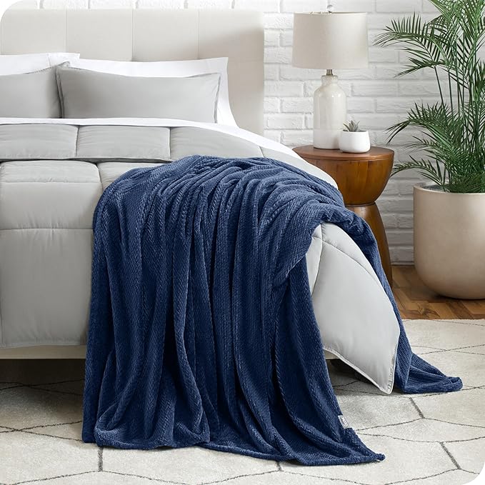 Bare Home Textured Fleece Blanket - King Size - Ultra-Soft Lightweight for Bed, Sofa, and Couch - Luxury Microplush - Cozy Warm Blanket (King, Chevron Dark Blue)