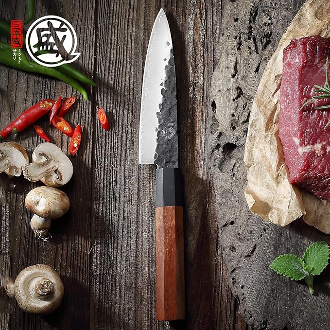 MITSUMOTO SAKARI Paring Chef Knife 5.5 inch - Hand Forged Japanese Fruit and Vegetable Knives, 3-Layer 9CR18MOV High Carbon Steel, Rosewood Handle & Sandalwood Box