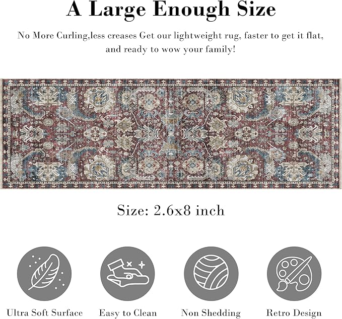 RUGSURE Washable Area Rugs - Perfect for Living Room, Bedroom, Kids Room, Nursery - Stain & Water Resistant Non-Slip, Pet & Child Friendly, Vintage Tribal Area Rugs (Rust and Bule, 2'6'' x 8')