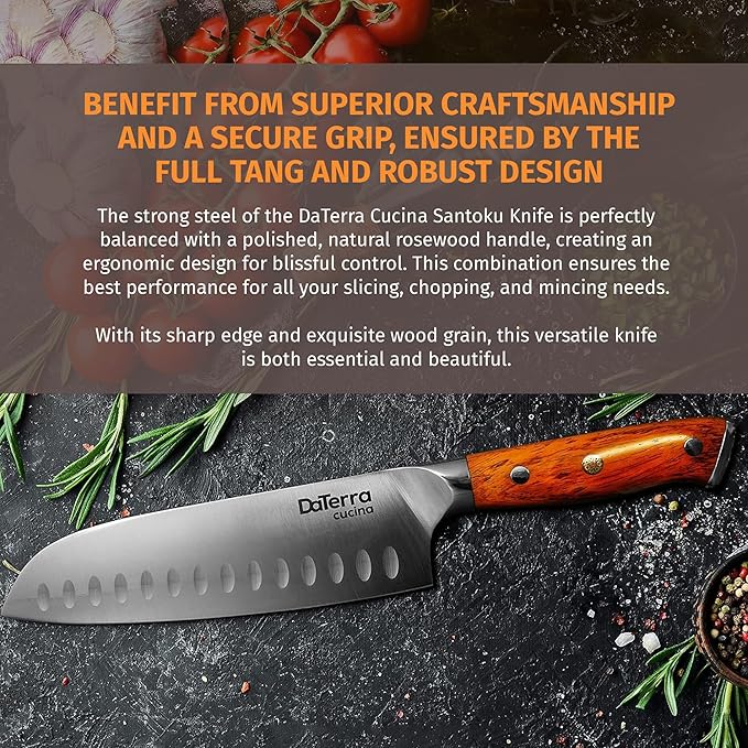 DaTerra Cucina - 7 Inch Santoku Knife – German Steel Professional Kitchen Knife with Ergonomic Rosewood Handle, Sharp, Durable, Rust Proof, Easy to Clean | Ideal for Chopping, Slicing & Dicing