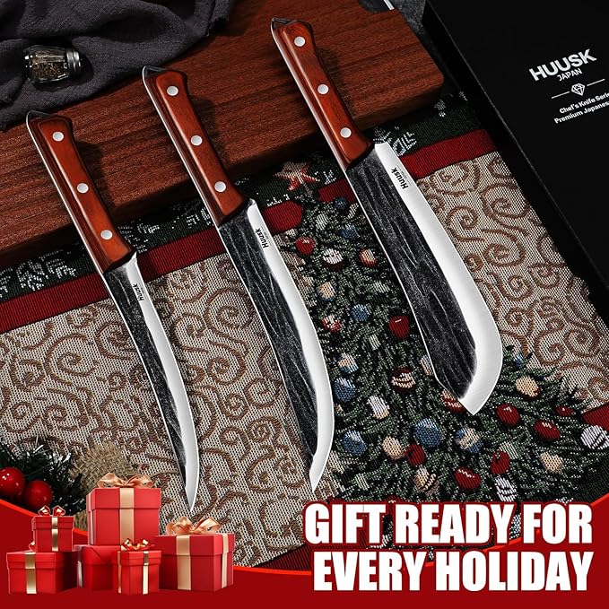Huusk Butcher Knife Set for Meat Cutting, 3PCS Carving BBQ Brisket Knives, Hand-forged Kitchen Knive Set with Ergonomic Handle, Gift for Men Women