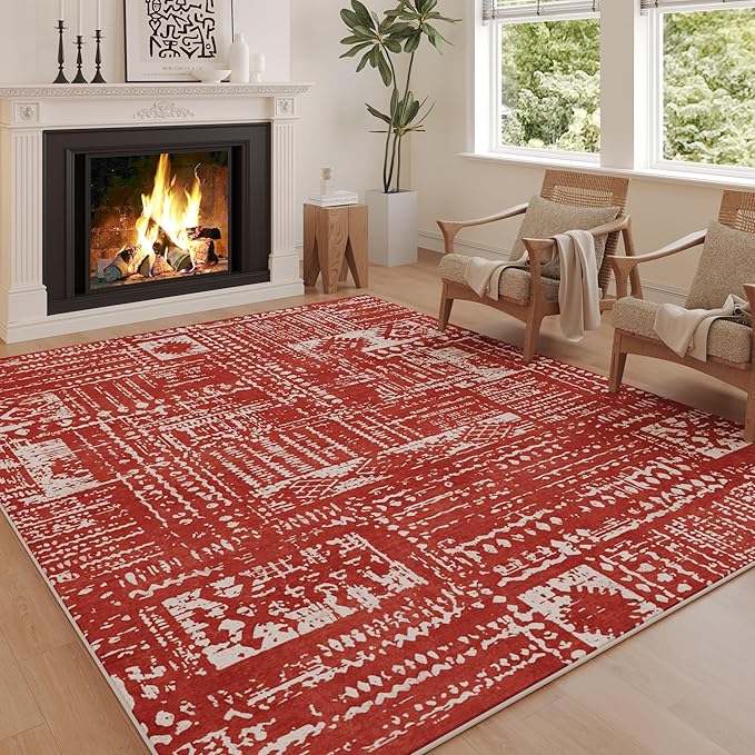Rugcomf Living Room Rug 6x9 Rug Machine Washable Boho Area Rug Non Slip Moroccan Vintage Low Pile Large Rug for Living Room, Bedroom, Farmhouse, Dining Room, Kids Playroom(Terracotta)