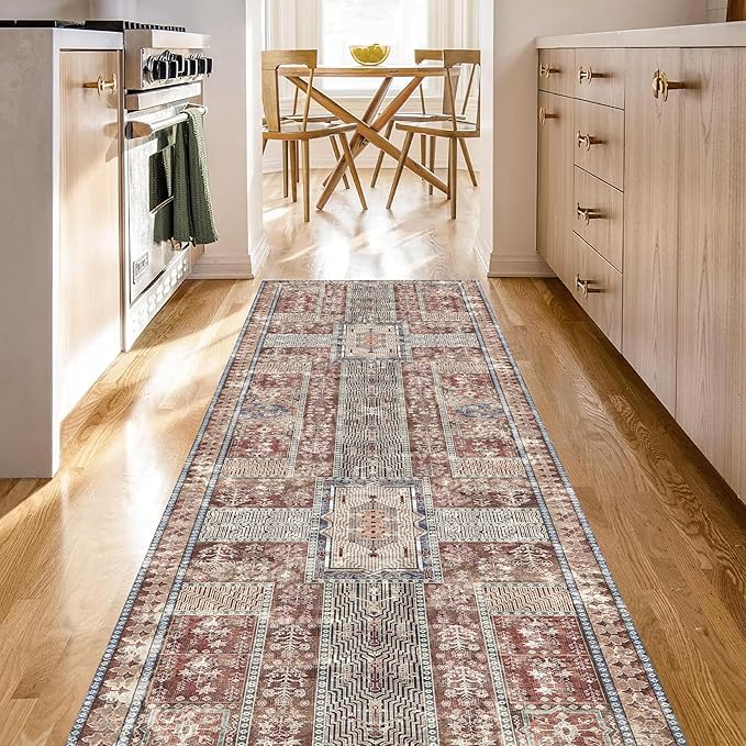 Vintage 2'6'' x 8' Washable Area Rug - Stylish Indoor Rug for Living, Dining or Bedroom - Lightweight Carpet with Non-Slip Backing - Foldable for Easy Placement and Maintenance - Rust