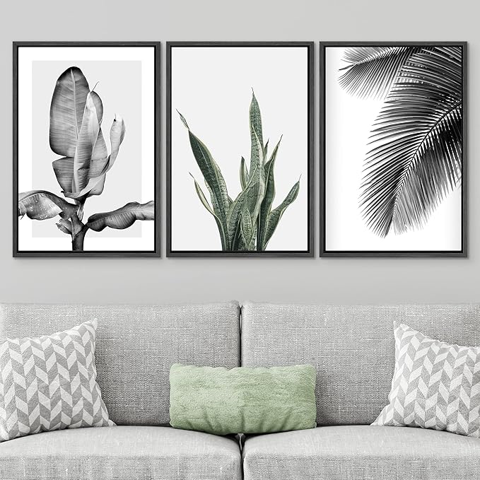 SIGNWIN Framed Canvas Print Wall Art Trio of Jungle Palms & Snake Succulents Floral Plants Photography Modern Art Minimalist Black and White for Living Room, Bedroom, Office - 16"x24"x3 Black