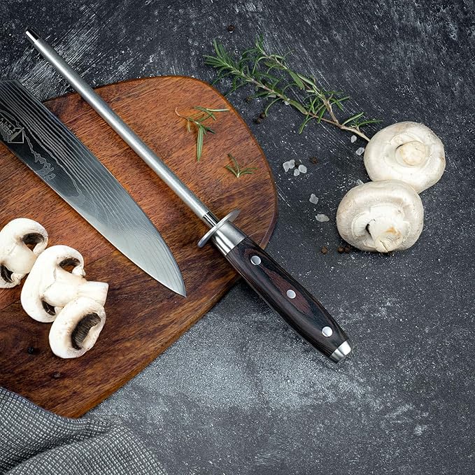 SENKEN Professional Emery Knife Sharpening Steel - Incredibly Strong Emery Rod for Sharpening & Honing Knives Up to 63 HRC Including All Damascus Knives (Smoothly Finished Wood)