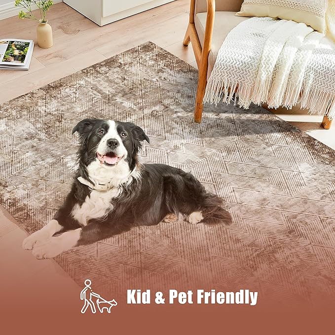 9' x 12' Washable Area Rug - Low Pile Soft Vintage Indoor Rug for Living, Dining or Bedroom - Lightweight Carpet with Non-Slip Backing - Foldable for Easy Placement, Brown