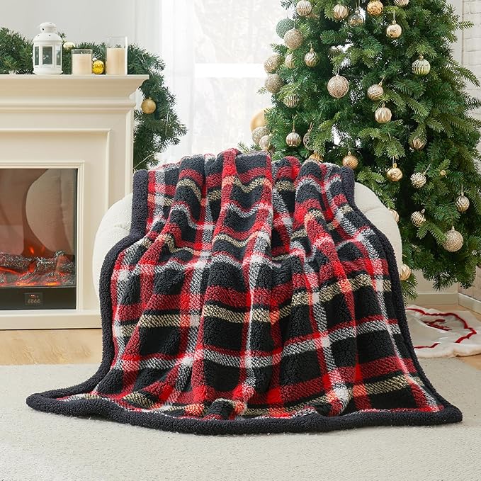 Cozy Bliss Luxury Sherpa Throw Blanket for Couch, Premium Reversible Buffalo Plaid Thick Throw, Warm Cozy Soft Blanket for Home and Gifts (Scotland Plaid Red, 50" x 60")