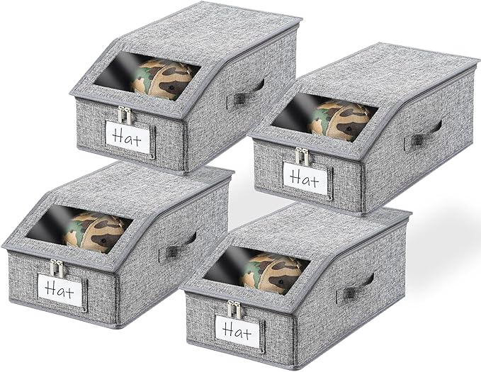 Grey Hat Organizer for Baseball Cap, Hat Storage for Closet with Clear Window, 4 Pack Stackable Storage Organizer Holds up to 48 Caps, Breathable Fabric Box for Snacks, Toys, Socks