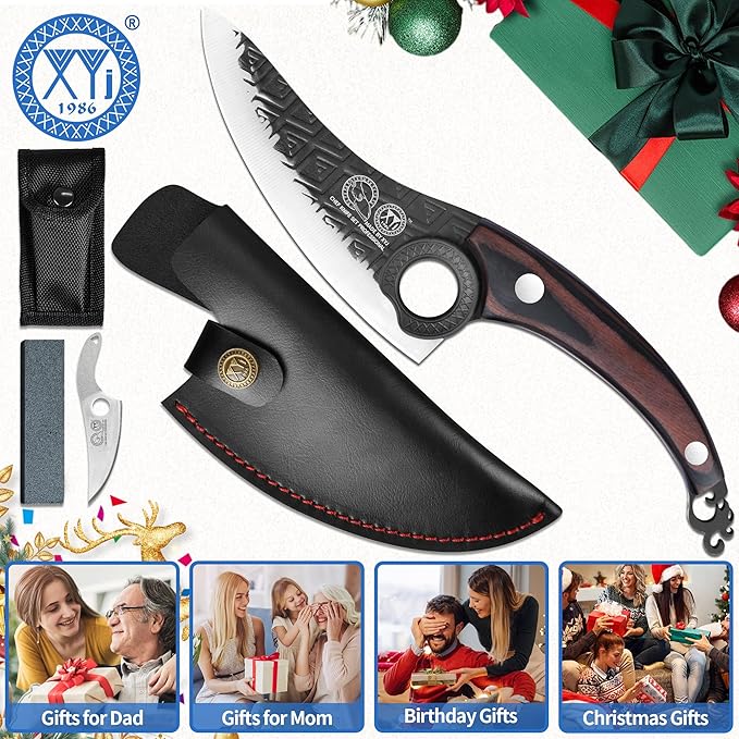 XYJ FULL TANG 6 Inch Boning Knife With Sheath, Stainless Steel Portable Chef Fishing Knife Wood Handle, Meat Cleaver Butcher Knife For Kitchen Camping Outdoor BBQ