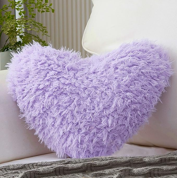 Purple Heart Pillow, Fluffy Heart Throw Pillow with Pillow Cover and Insert, Soft Faux Fur, Decorative Design for Mothers Day,Valentine's Day (Purple Heart Shape-15.7X15.7Inches)