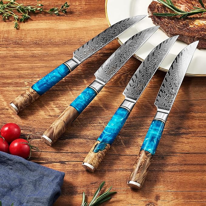 SENKEN Damascus Steak Knife Set - Tsunami Collection - 67-Layer Japanese VG10 Steel - Razor Sharp Non-Serrated Blades, Blue Resin & Natural Wood Pattern Handles, Luxury Gift Box (4 Steak Knife Set)
