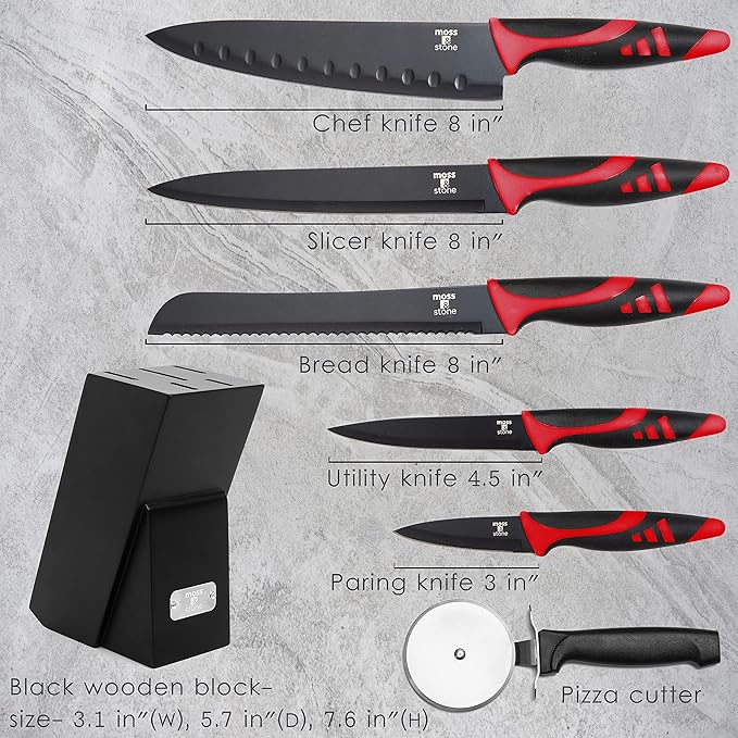 Moss & Stone 7-Piece Kitchen Knife Set with Block – Black Titanium Plated Stainless Steel Kitchen Knives, High Carbon Blades, Compact Cutlery Set for Home Cooking, Small Knife Set Black Wood Block