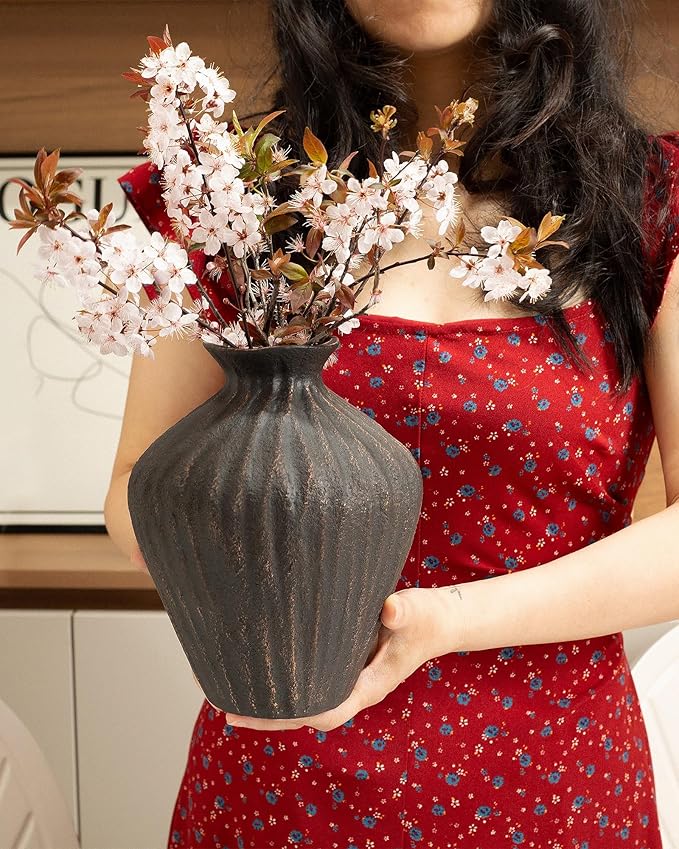 Black Ceramic Vase 7.95 Inch – Handmade with Hand-Painted Gold Detailing – Sculptural Art Decor for Modern Minimalist Home – Organic Tabletop Flower Vase for Living Room or Shelf