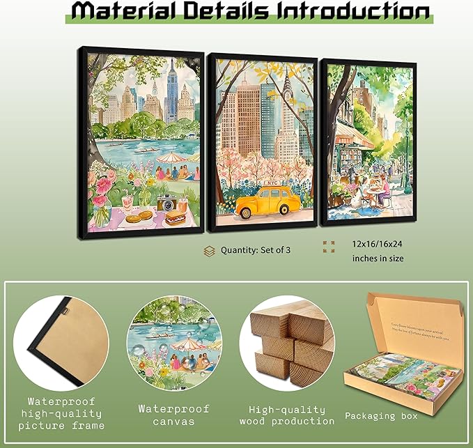 MUWAK Framed New York City Canvas Wall Art Set of 3 – Colorful NYC Skyline Central Park Yellow Taxi Posters, Modern Urban Landscape Wall Decor for Living Room Bedroom Office – 12x16in