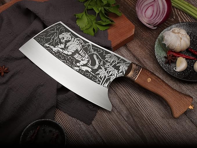 TOMBRO Meat Cleaver - 9" Butcher Knife, Heavy Duty Bone Chopper, Forged With Sheath for Meat Cutting, Ultra Sharp Carbon Steel Chinese Chef for Home & Outdoors