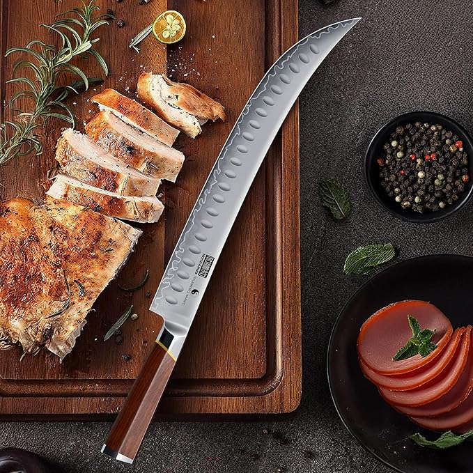 HOSHANHO Brisket Slicing Knife 12 Inch, Japanese High Carbon Steel Butcher Breaking Knife with Ergonomic Handle, Razor Sharp Curved Carving Knives for Meat, BBQ