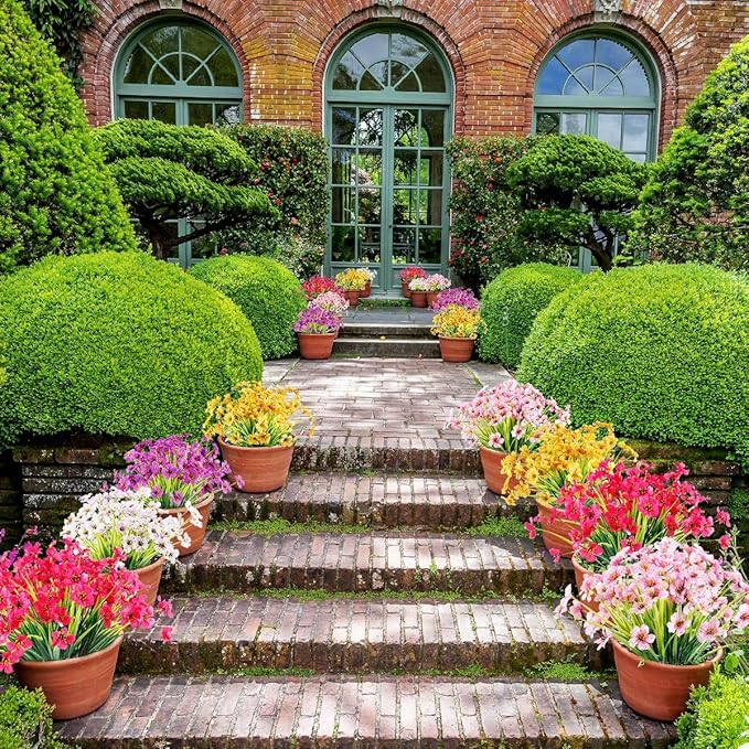 12 Bundles Artificial Flowers Outdoor UV Resistant Fake Flowers No Fade Plastic Plants Garden Porch Window Box Decorating (Purple)