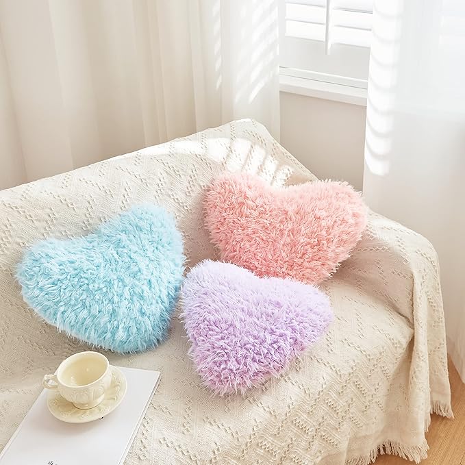 MOOWOO Fluffy Heart Throw Pillow with Pillow Cover and Insert, Shaggy Faux Fur, Decorative Design for Indoor and Outdoor, (Blue, Heart Shape-15.7X15.7Inches)