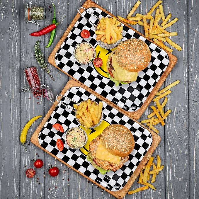 3Pcs One Happy Dude Serving Trays Reusable Smile Face Platter Black White Checkered Serving Dishes for First Birthday Party Sharing Snacks Fruit Dessert Candy, 13 x 10in