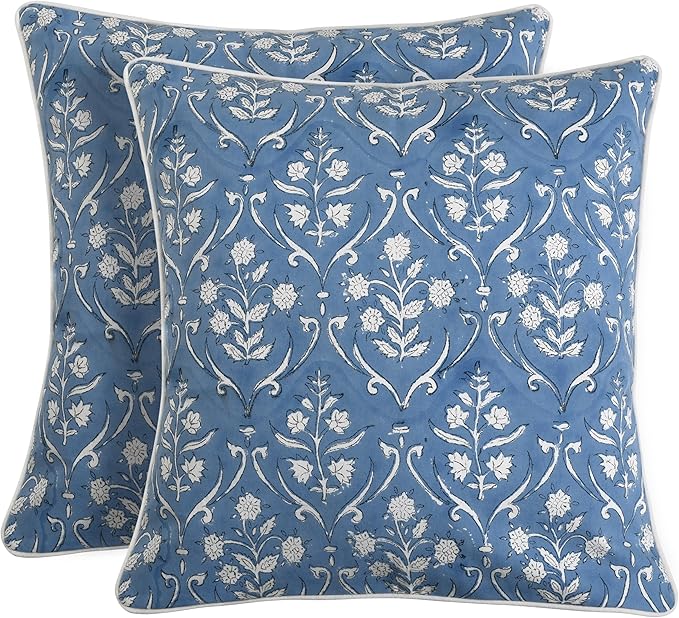 Ridhi Hand Block Print 18x18 Baby Blue Decorative Outdoor Couch Throw Canvas Pillow Cover Set of 2 Washable Modern Vintage Boho Chic Spring Home Decor Gifts Cover