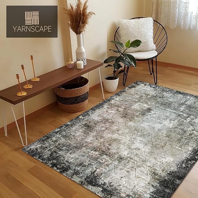 6' x 9' Washable Area Rug - Low Pile Soft Vintage Indoor Rug for Living, Dining or Bedroom - Lightweight Carpet with Non-Slip Backing - Foldable for Easy Placement, Blackish