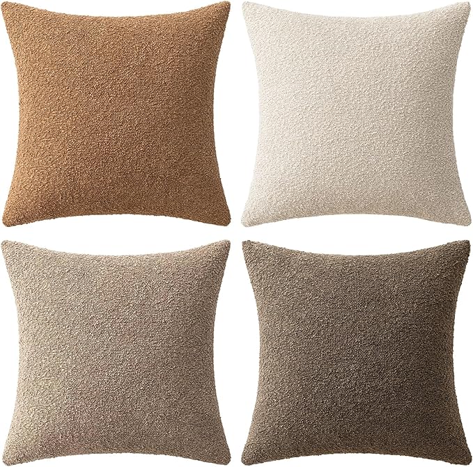 MIULEE Pack of 4 Decorative Textured Boucle Throw Pillow Covers 18x18 Inch Neutral Brown Accent Solid Pillow Cases Couch Cushion Covers for Fall Modern Farmhouse Boho Chair Sofa Bed Room Home Decor